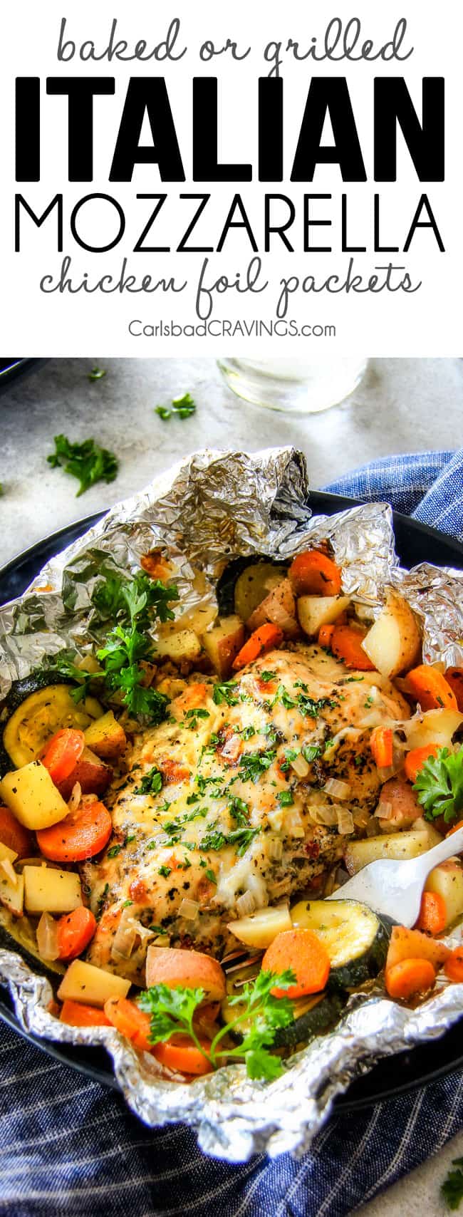 Baked or Grilledย Italian Mozzarella Chicken Foil Packets are bursting with astonishingly juicy, flavorful chicken and tender, seasoned Potatoes, Carrots and Zucchini all smothered with Mozzarella Cheese! ย These foil packets are meal-in-one that are quick to throw together and even quicker to clean up!ย