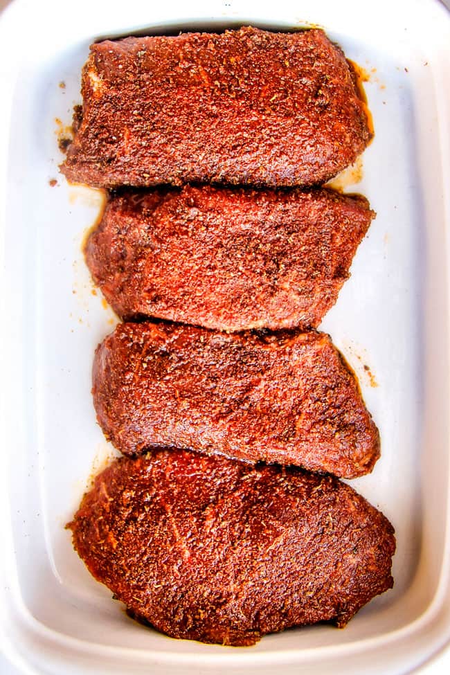 Spice Rubbed Steaks with Herb Butter (grill or pan seared) with a caramelized seasoned crust and the most amazing rich and bright Herb Butter with STEP BY STEP instructions, tips and tricks! ย This easy Steak Spice Rub alone is out of this world!ย