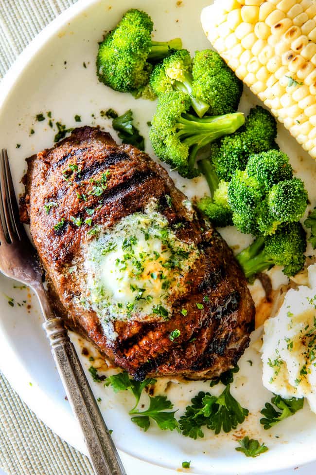 Spice Rubbed Steaks with Herb Butter (grill or pan seared) with a caramelized seasoned crust and the most amazing rich and bright Herb Butter with STEP BY STEP instructions, tips and tricks! ย This easy Steak Spice Rub alone is out of this world!ย