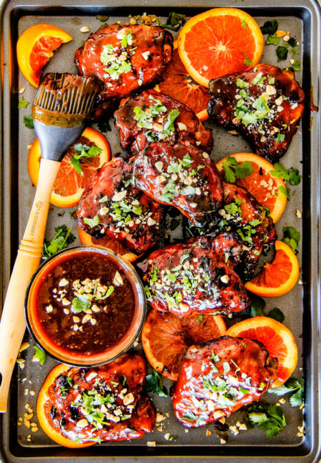 this Thai Orange Peanut Chicken (Grilled or Baked) is phenomenal!  Its one of my favorite sweet, tangy savory chicken recipes ever!  the chicken is soooooo juicy and the sauce is out of this world! 