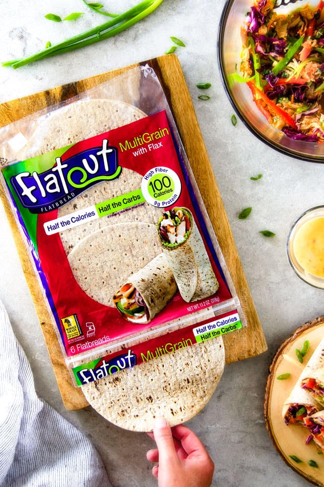 Chinese Chicken Salad Wraps using Flatout Multi Grain wraps.
