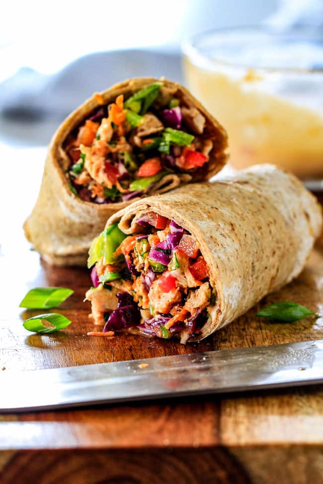 Chinese Chicken Salad Wraps on a cutting board.