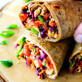 25 MINUTE fresh and crunchy Chinese Chicken Salad Wraps are your favorite Chinese salad in easy, satisfying, healthy portable wrap form! ย The vibrant dressing is amazing and the addition of Sweet Chili Sauce takes these to a whole new level! ย I love having this filling on hand!ย