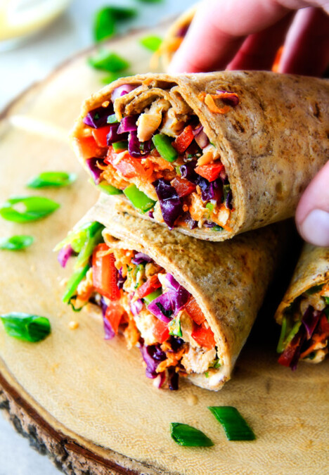 25 MINUTE fresh and crunchy Chinese Chicken Salad Wraps are your favorite Chinese salad in easy, satisfying, healthy portable wrap form!  The vibrant dressing is amazing and the addition of Sweet Chili Sauce takes these to a whole new level!   I love having this filling on hand! 