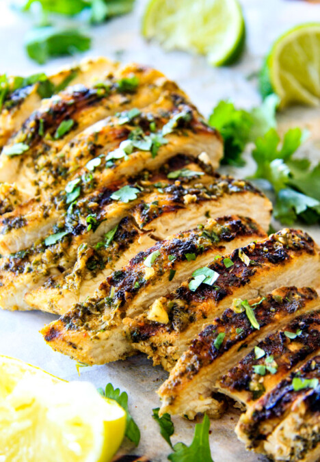 Easy, juicy, flavorful Cilantro Lime Chicken seeping with flavor is a meal in itself orย instantly transforms salads, tacos, burritos, wraps, etc into the most epic meal EVER! I love having this chicken on hand!