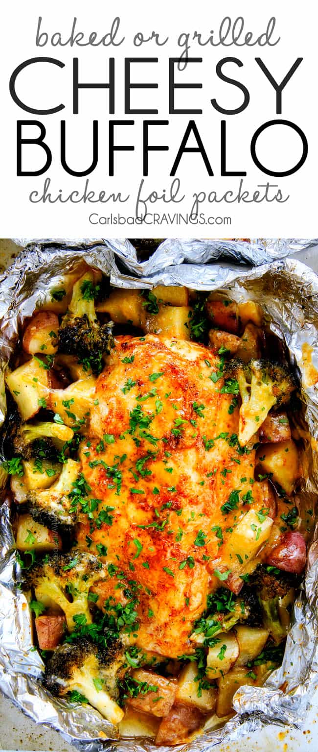 EASY Baked or Grilled Cheesy Buffalo Chicken Foil Packets bursting with juicy chicken and tender, flavorful veggies all smothered in cheddar and dipped in Ranch Crema! ย these are SO addictingly delicious!!! ย ย