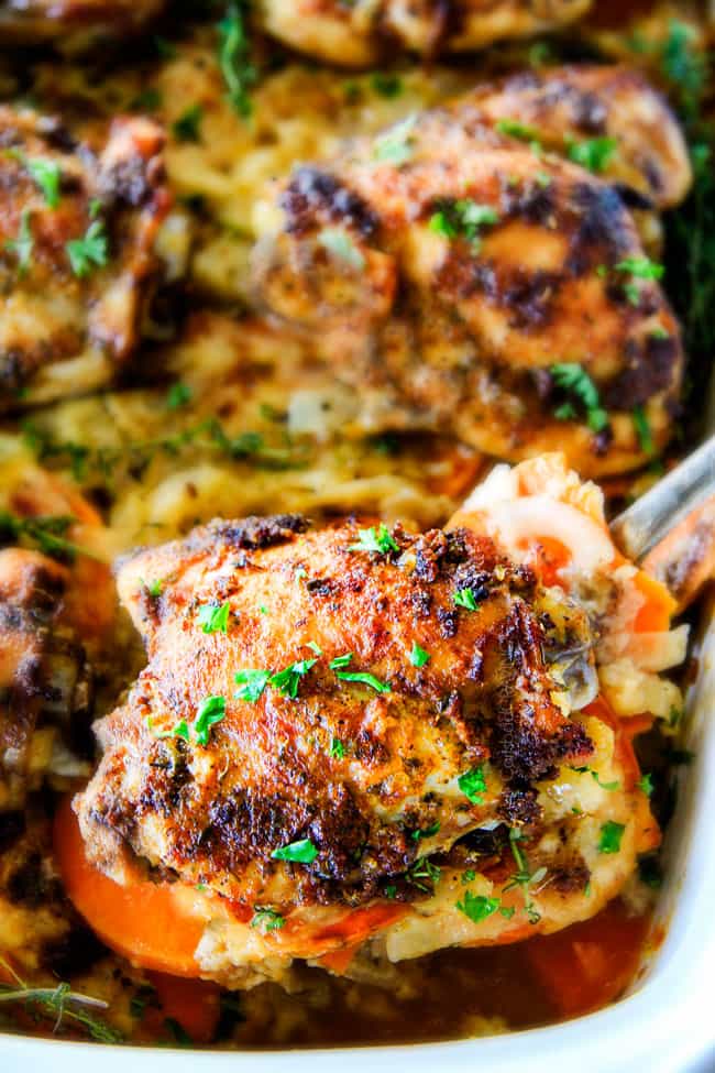 Close up of Baked Garlic Herb Chicken with Scalloped Sweet Potatoes