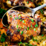 Juicy Garlic Herb Chicken baked in ONE PAN with Parmesan mozzarella Scalloped Sweet Potatoes!   This is one of my favorite dinners ever!  so much flavor and a meal-in-one!