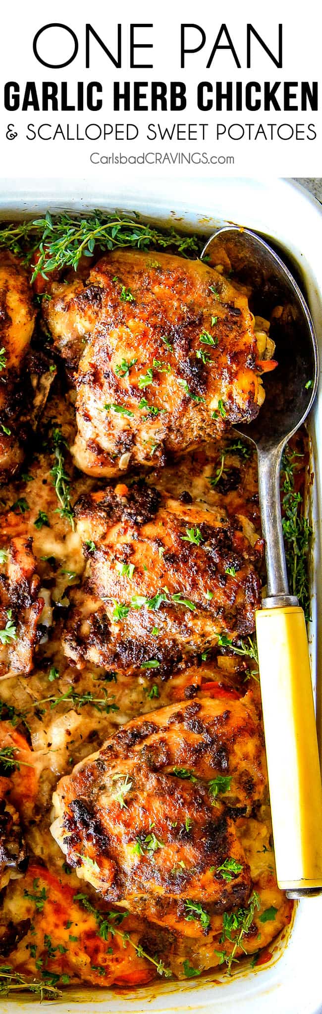 Juicy Garlic Herb Chicken baked in ONE PAN with Parmesan mozzarella Scalloped Sweet Potatoes! ย This is one of my favorite dinners ever! ย so much flavor and a meal-in-one!
