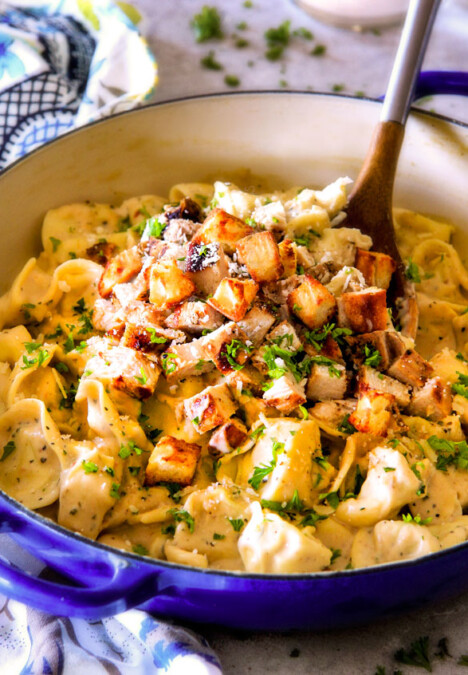 This Creamy Caesar Chicken Tortellini is SO addicting!  My family raved about it for days!   Its  wonderfully cheesy, garlicky, lemony, & perfect with tortellini and juicy chicken!  I will be using the chicken marinade just plain too its so good! 