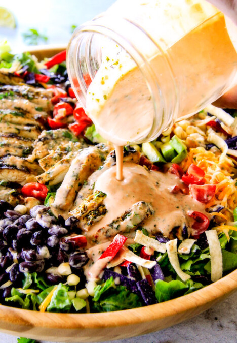 I couldn't stop eating this Cilantro Lime Chicken Taco Salad! ย Its bursting with tender, juicy chicken and the sweet & tangy Creamy Baja Catalina Dressing is out of this world delicious! ย This combo is pure heaven!