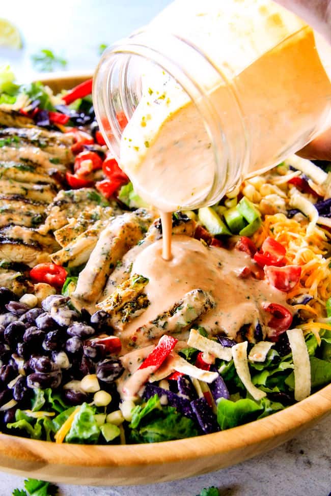 I couldn't stop eating this Cilantro Lime Chicken Taco Salad! ย Its bursting with tender, juicy chicken and the sweet & tangy Creamy Baja Catalina Dressing is out of this world delicious! ย This combo is pure heaven!