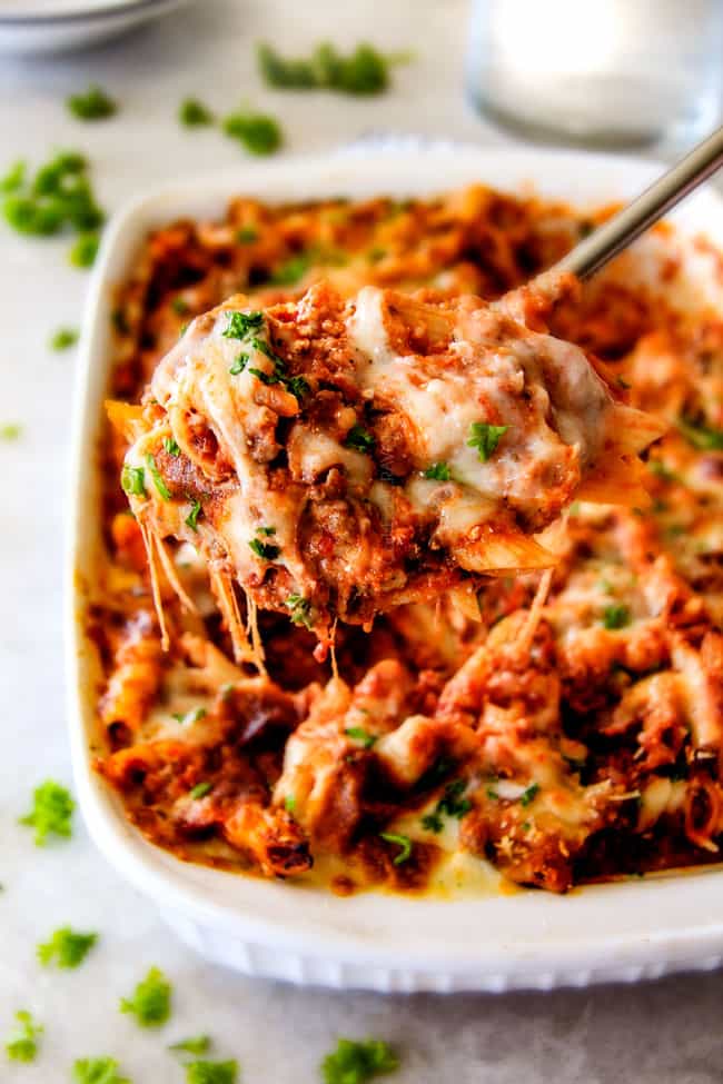 This Million Dollar Baked Penne has been a family favorite for decades!ย We serve it at all our family gatherings because its SO good, so easy!ย The homemade sauce is incredible and the hidden layer of creamy/cheesiness is to live for!ย