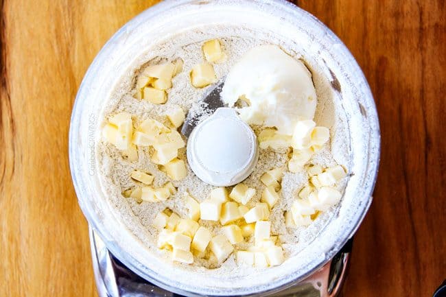 Adding butter to Homemade Pie Crust Recipe.