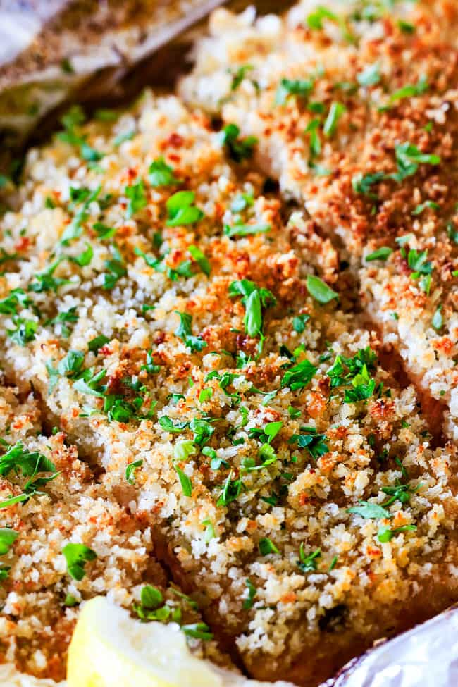 25 MINUTE Baked Lemon Garlic Butter Salmon with Crispy Parmesan Panko & Broccoli!ย This salmon is not only bursting with flavor and sooo juicy and tender but the easiest, most satisfying meal that tastes totally gourmet!ย My parents were blown away by this meal! up close of the best oven baked salmon recipe