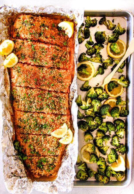 25 MINUTE Baked Lemon Garlic Butter Salmon with Crispy Parmesan Panko & Broccoli!  This salmon is not only bursting with flavor and sooo tender but the easiest, most satisfying meal that tastes totally gourmet!  My parents were blown away by this meal!