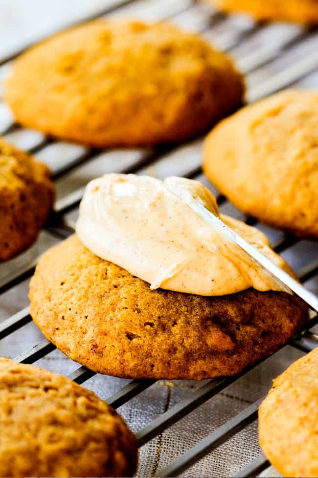 These are the BEST Pumpkin Cookies I've ever had!ย They are super soft, tons of flavor and the Cinnamon Cream Cheese Frosting is so addicting I was licking the bowl!ย ย I brought these to a Halloween Party and they were the first dessert gone!ย