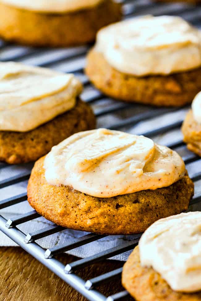 These are the BEST Pumpkin Cookies I've ever had!ย They are super soft, tons of flavor and the Cinnamon Cream Cheese Frosting is so addicting I was licking the bowl!ย ย I brought these to a Halloween Party and they were the first dessert gone!ย