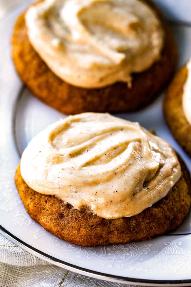 These are the BEST Pumpkin Cookies I've ever had!ย They are super soft, tons of flavor and the Cinnamon Cream Cheese Frosting is so addicting I was licking the bowl!ย ย I brought these to a Halloween Party and they were the first dessert gone!ย