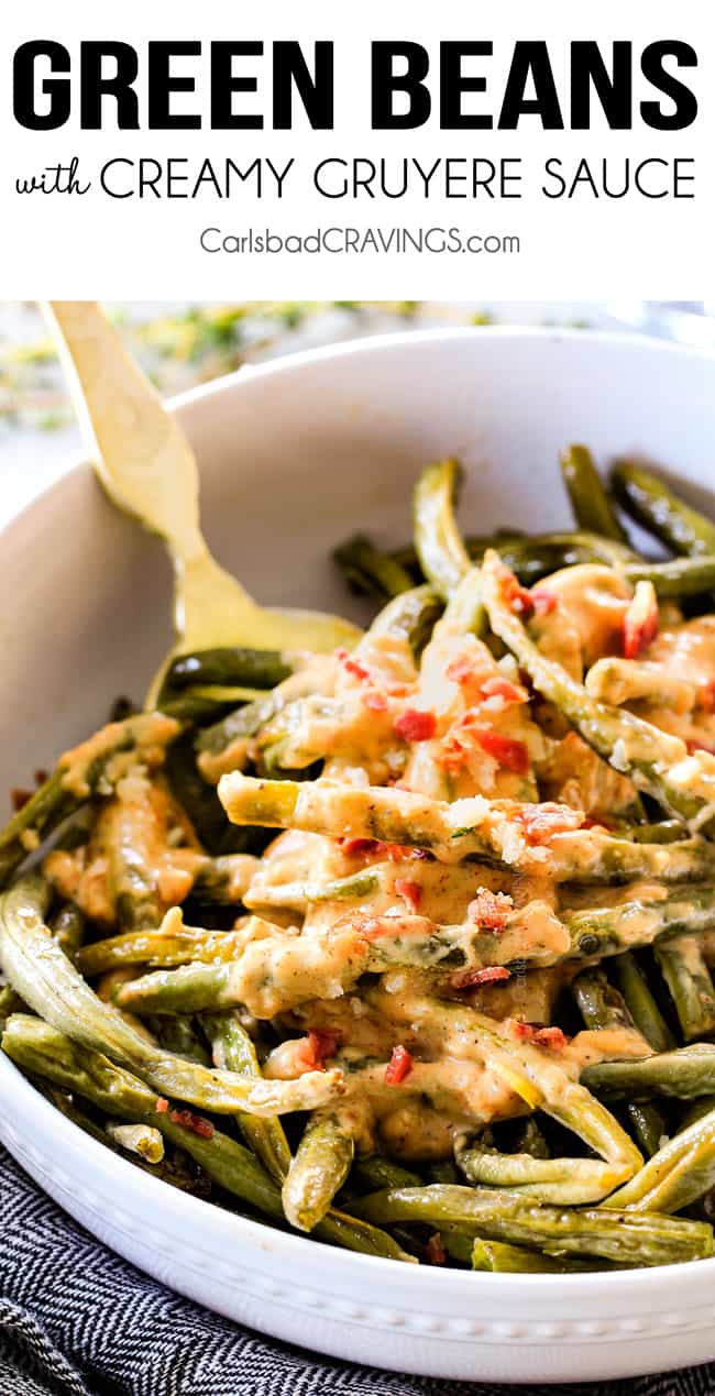 Roasted Green Beans with bacon in a white bowl with a gold serving spoon