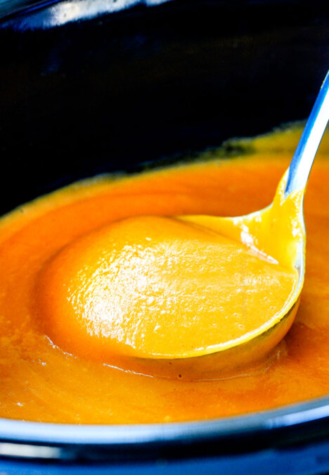 this SUPER creamy Slow Cooker Chipotle Sweet Potato Soup is AMAZING!ย Its loaded with flavor, vegan, crazy healthy and so easy!ย Definitely one of my new favorite soups!ย ย