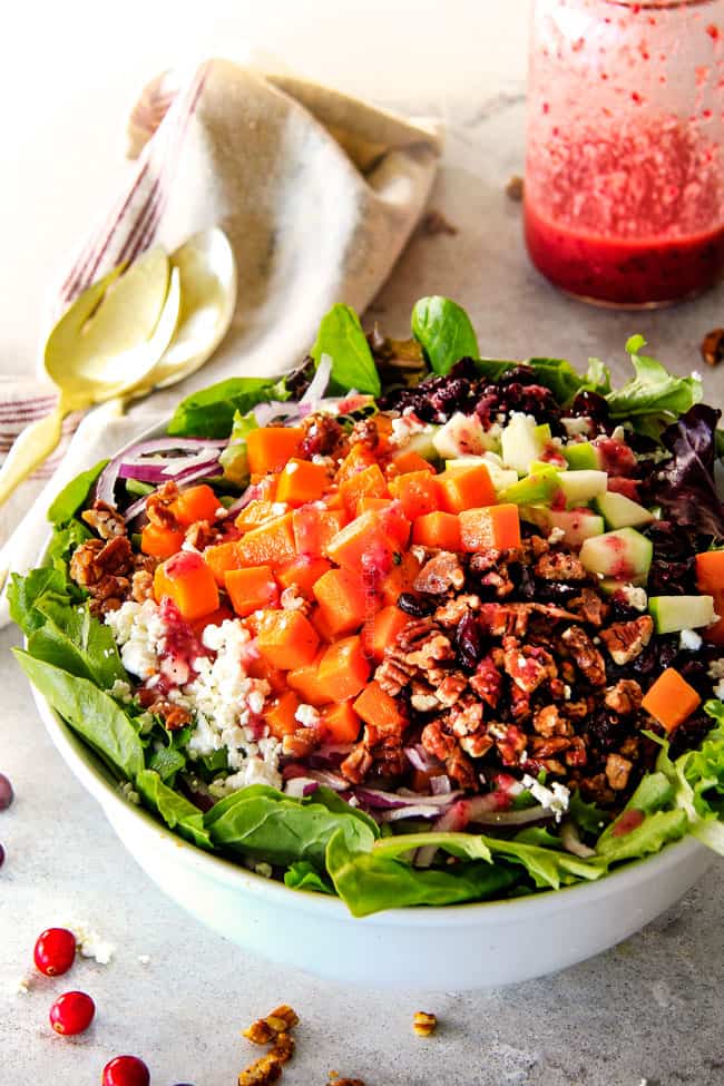 Roasted Brussels Sprouts Salad with Cranberries, Caramelized Pecans and Goat Cheese with the most incredible CRANBERRY VINAIGRETTE belongs on your table this Thanksgiving and all Autumn long! This is one of my favorite salads EVER and is the perfect STRESS FREE make ahead side!!!