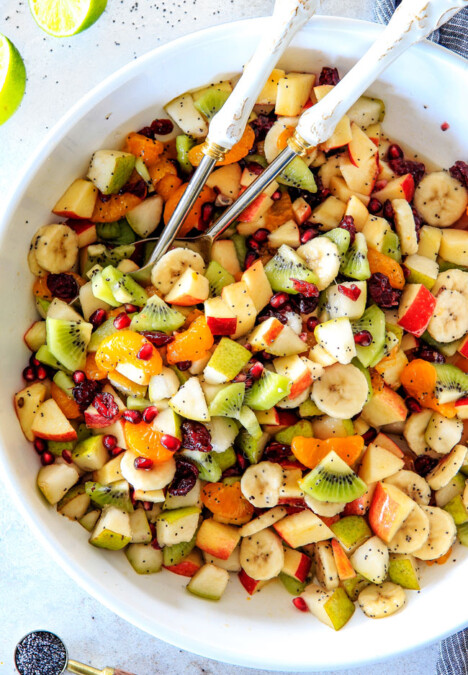 Irresistibly delicious, fresh and vibrant Winter Fruit Salad with Honey Lime Poppy Seed Vinaigrette is simple to whip together but canโt stop eating delicious! It makes the perfect Thanksgiving or Christmas side!