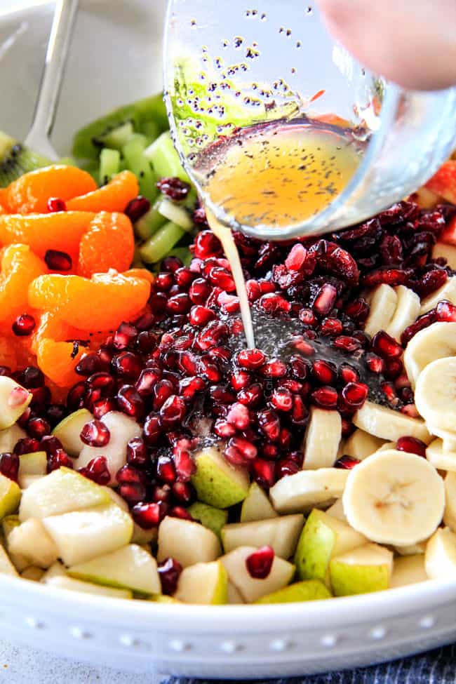 Irresistibly delicious, fresh and vibrant Winter Fruit Salad with Honey Lime Poppy Seed Vinaigrette is simple to whip together but canโt stop eating delicious! It makes the perfect Thanksgiving or Christmas side!