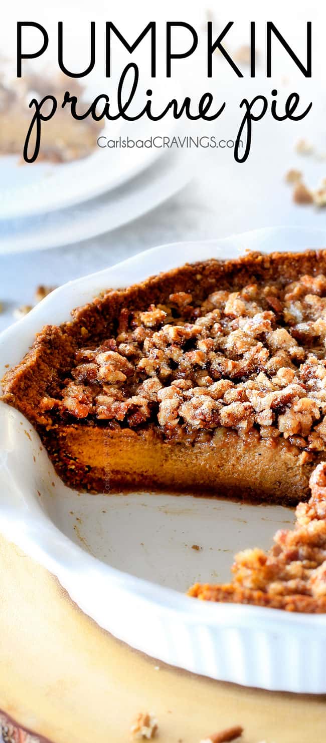 I will never go back to just Pumpkin Pie again!ย This Pumpkin PRALINE Pie is a Thanksgiving and Christmas must!ย Creamy pumpkin pie topped with crunchy, chewy brown sugar pecans for the perfect flavor and texture combination in every bite!ย ย