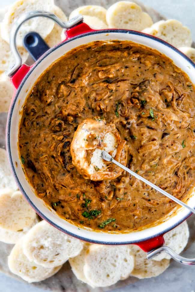 ย This French Onion Cheese Fondue with rich, deeply caramelized onions and bubbling Gruyere and Smoked Gouda is a party MUST!ย Its easy to prepare, crazy delicious and the hit of every party!ย