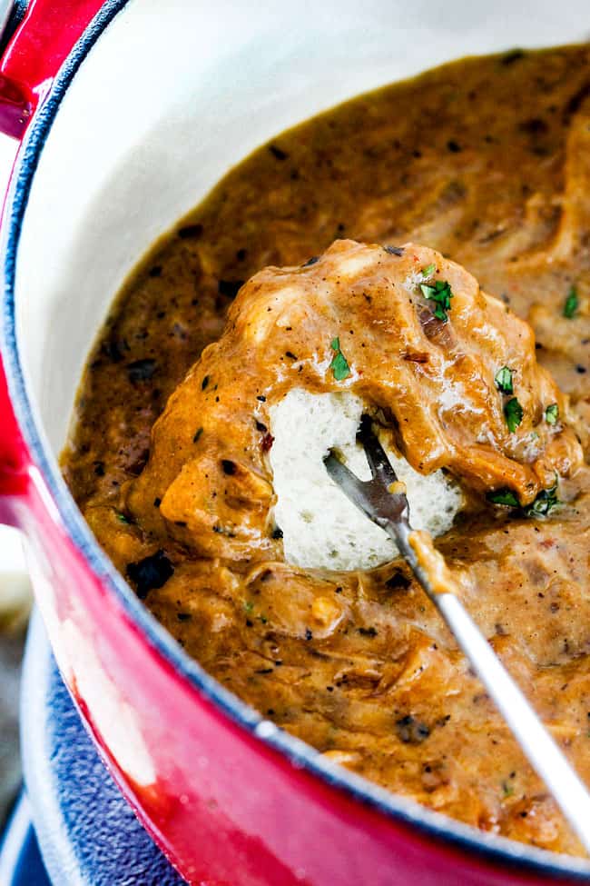 ย This French Onion Cheese Fondue with rich, deeply caramelized onions and bubbling Gruyere and Smoked Gouda is a party MUST!ย Its easy to prepare, crazy delicious and the hit of every party!ย a