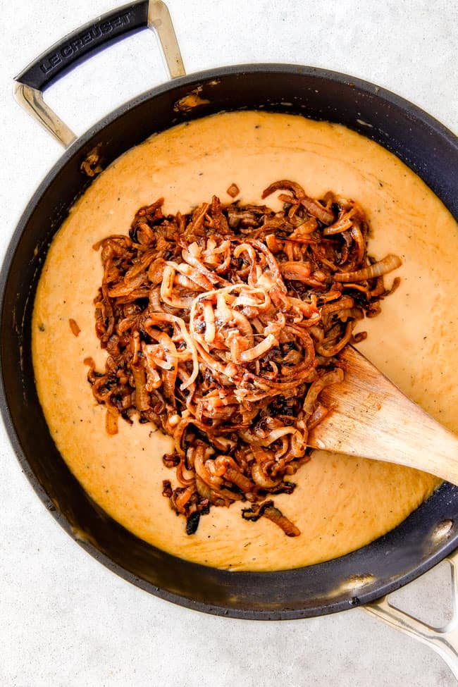 ย This French Onion Cheese Fondue with rich, deeply caramelized onions and bubbling Gruyere and Smoked Gouda is a party MUST!ย Its easy to prepare, crazy delicious and the hit of every party!ย