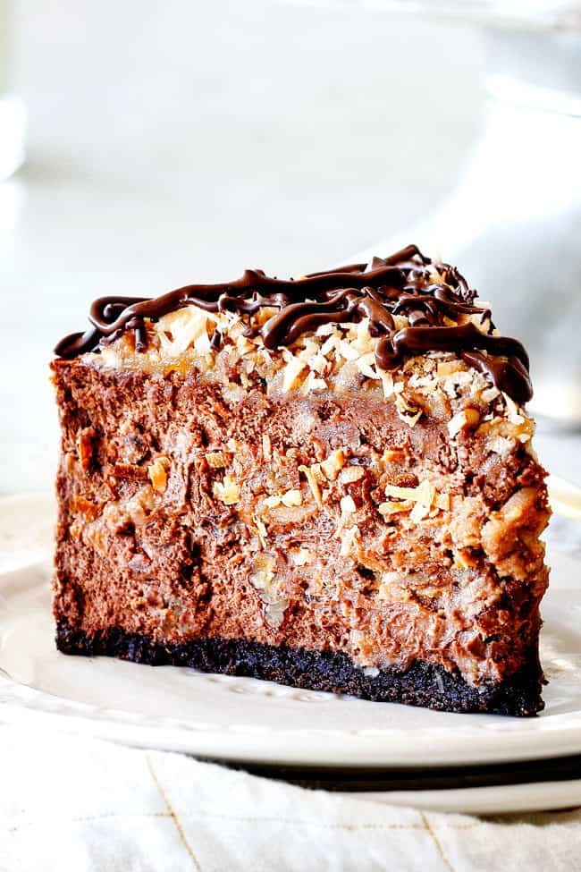 Side view of a slice of German Chocolate Cheesecake.