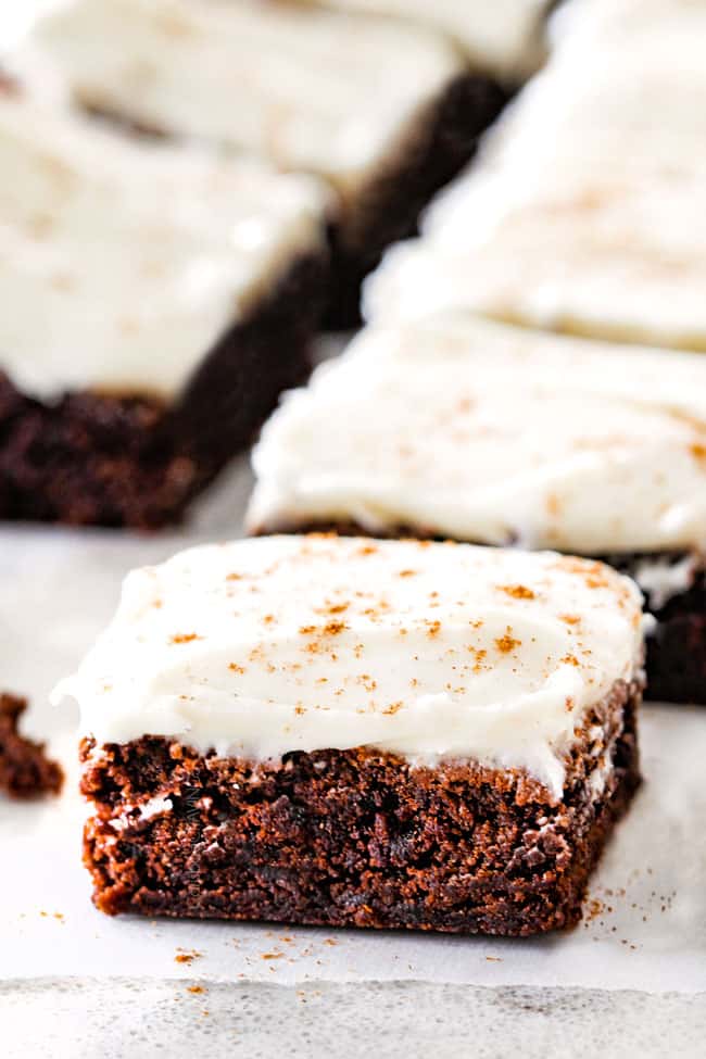 Gingerbread Brownies with Eggnog Frosting and cinnamon on top.