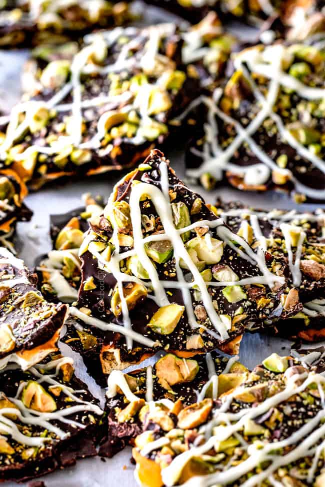 Ridiculously EASY Pistachio Chocolate Pretzel Bark is the best pretzel bark recipe I have ever made - perfect for holiday gifts!ย It's easy, stress free, make ahead and everyone looooooves it!