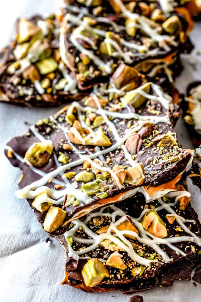 Ridiculously EASY Pistachio Chocolate Pretzel Bark is the best pretzel bark recipe I have ever made - perfect for holiday gifts!ย It's easy, stress free, make ahead and everyone looooooves it!