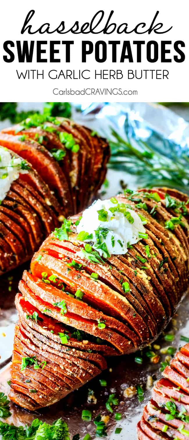 These Hasselback Sweet Potatoes are tender, melt-in-your-mouth and bursting with garlic herb, butter flavor!ย They look wonderfully gourmet for holidays and special occasions but are everyday easy!ย