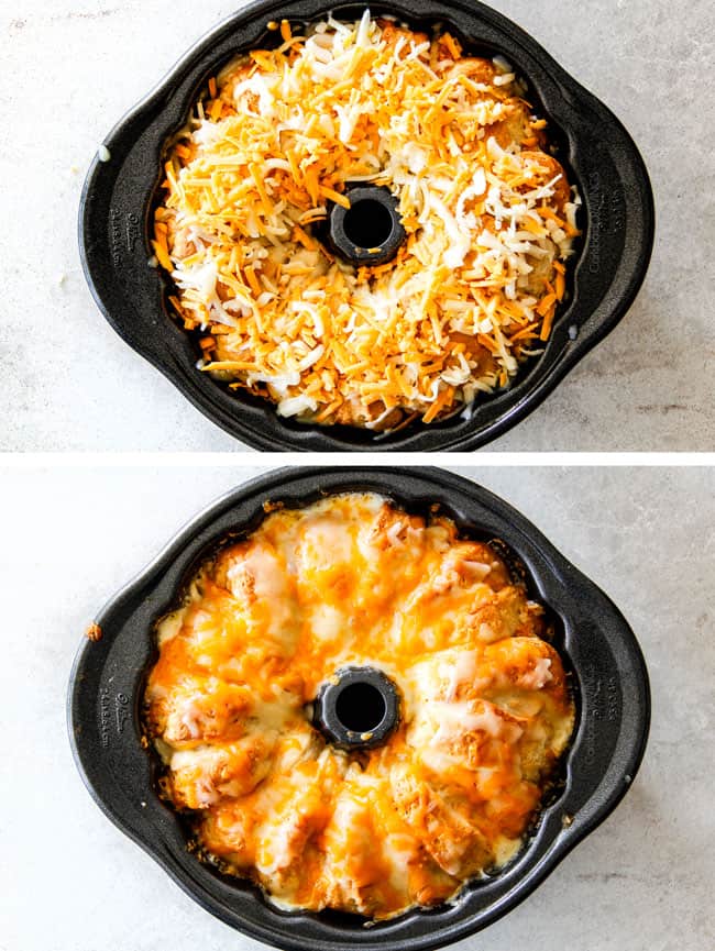 Mega flavorful Buffalo Chicken Pull Apart Bread is your favorite decadent creamy, cheesy dip baked right into a buttery biscuit ring! Crazy delicious EASY crowd pleasing appetizer perfect for parties or game day!ย ย It may look super impressive but you wonโt believe how easy it is! showing how to make Buffalo Chicken bread ring by melting cheese on top of the biscuit ring in a bundt pan