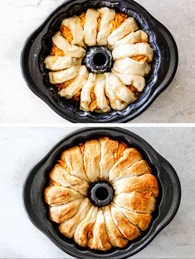 Mega flavorful Buffalo Chicken Pull Apart Bread is your favorite decadent creamy, cheesy dip baked right into a buttery biscuit ring! Crazy delicious EASY crowd pleasing appetizer perfect for parties or game day!ย ย It may look super impressive but you wonโt believe how easy it is! showing how to make Buffalo Chicken Pull Apart Bread by adding biscuits and buffalo chicken dip to a bundt pan and baking until golden