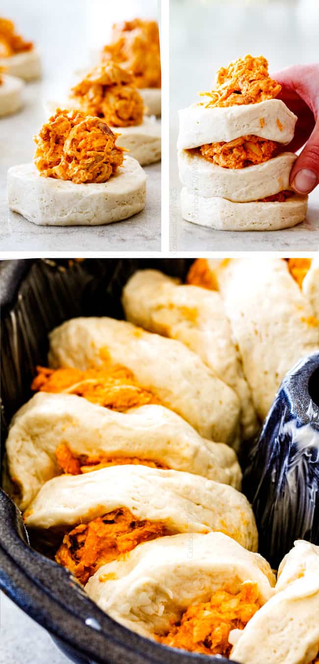 Mega flavorful Buffalo Chicken Pull Apart Bread is your favorite decadent creamy, cheesy dip baked right into a buttery biscuit ring! Crazy delicious EASY crowd pleasing appetizer perfect for parties or game day!ย ย It may look super impressive but you wonโt believe how easy it is! showing how to make Buffalo Chicken Pull Apart Bread by adding buffalo chicken to biscuits, stacking and putting in a bundt pan
