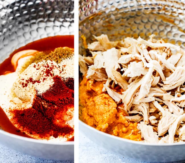 Mega flavorful Buffalo Chicken Pull Apart Bread is your favorite decadent creamy, cheesy dip baked right into a buttery biscuit ring! Crazy delicious EASY crowd pleasing appetizer perfect for parties or game day!ย ย It may look super impressive but you wonโt believe how easy it is! showing how to make Buffalo Chicken Pull Apart Bread with cream cheese, hot sauce and seasonings in a bowl