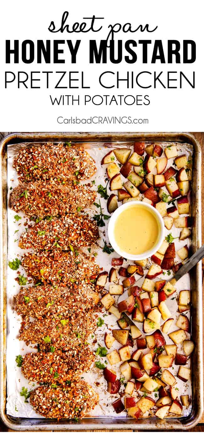 Family Favorite Honey Mustard Pretzel Chicken with tender potatoes and the BEST honey mustard sauce all baked in one pan!