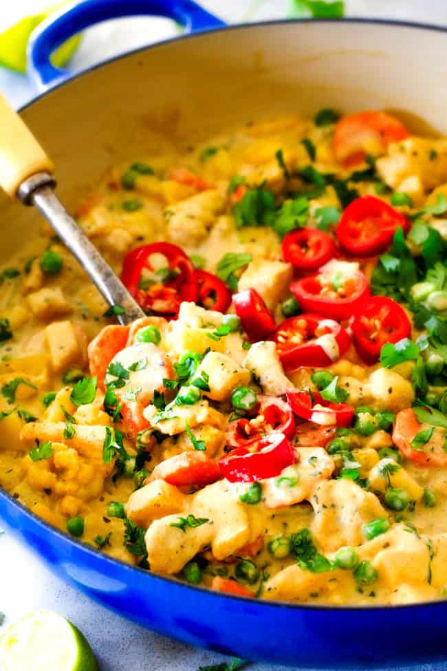 This EASY Thai Yellow Curry with Chicken tastes straight out of a restaurant!ย Its wonderfully thick and creamy, bursting with flavor and veggies (I highly recommend the listed potatoes, cauliflower and peas) and all made in one pot! Definitely a hit at our house!