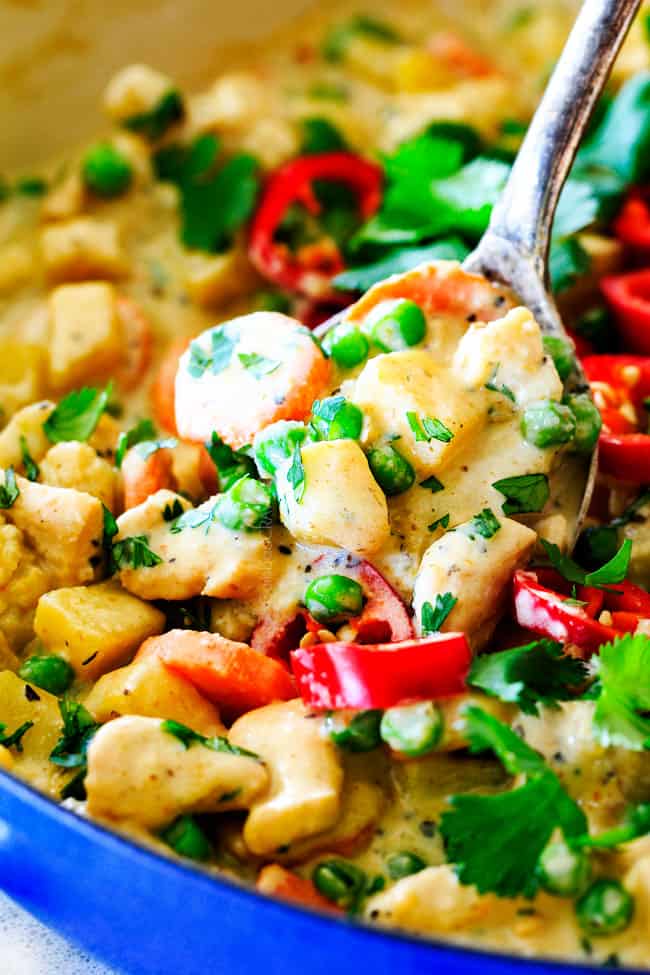 This EASY Thai Yellow Curry with Chicken tastes straight out of a restaurant!ย Its wonderfully thick and creamy, bursting with flavor and veggies (I highly recommend the listed potatoes, cauliflower and peas) and all made in one pot! Definitely a hit at our house!