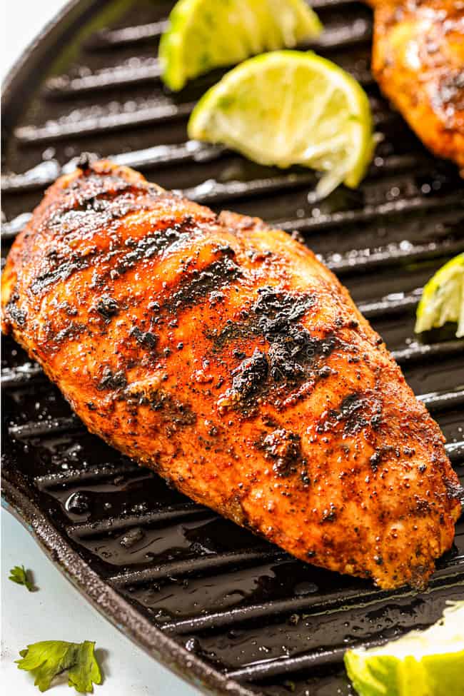 showing how to make Chili Lime Chicken by cooking in a grill pan