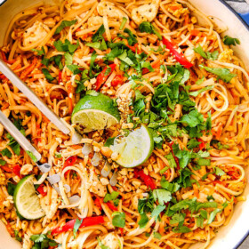 This Chicken Pad Thai Recipe is unbelievable with the most incredible pantry friendly Pad Thai Sauce!ย It tastes even better than takeout and only 30 minutes to make!ย You can use chicken or make it vegetarian Pad Thai or Shrimp Pad Thai!