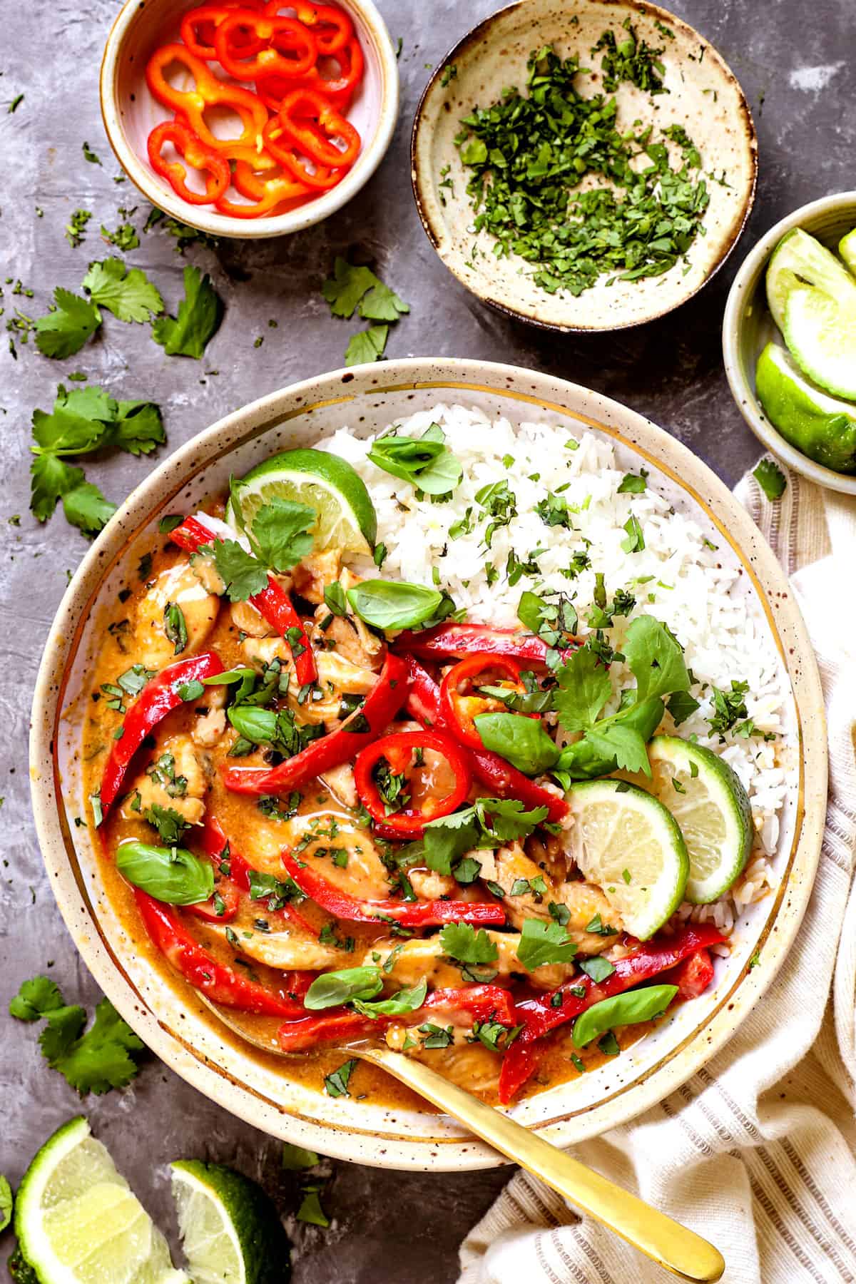 top view of a bowl of panang chicken