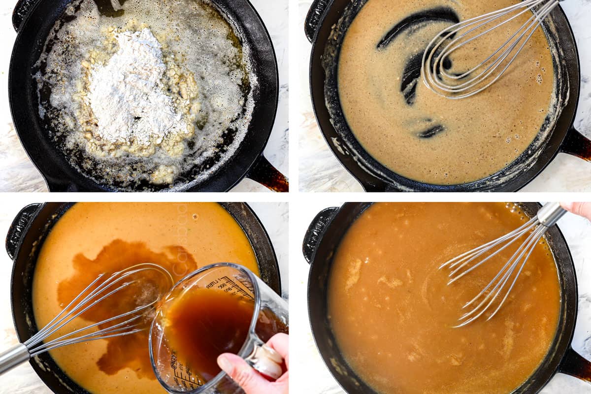 a collage showing how to make gravy for pot roast by 1: combining butter and flour, 2: cooking butter and flour to make a roux, 3: adding beef broth, 4: simmering until thickened