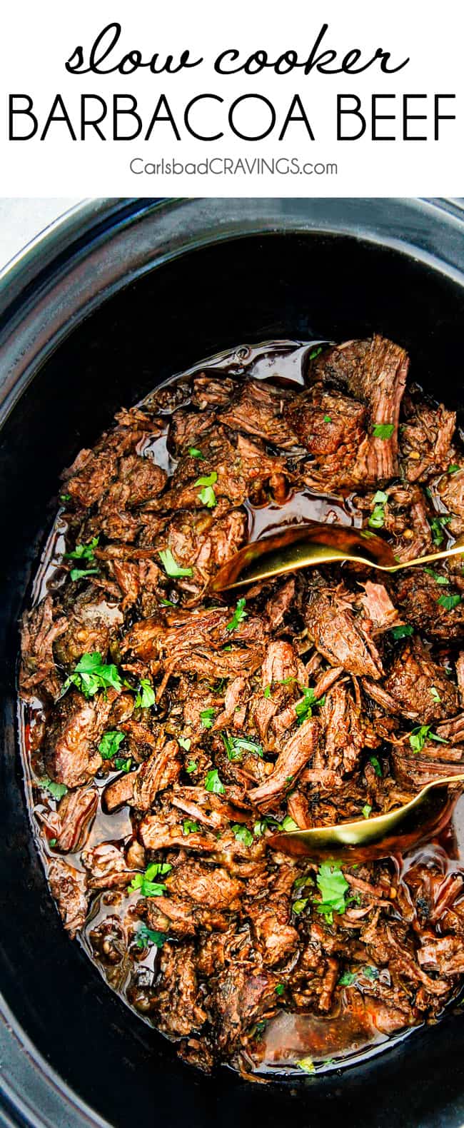 This is the BEST Slow Cooker Barbacoa Beef I have ever tried!ย Super tender, juicy, EASY and bursting with rich, complex flavors!ย Great for large crowds or make ahead meals and makes the best tacos, burritos, nachos, salads, etc!