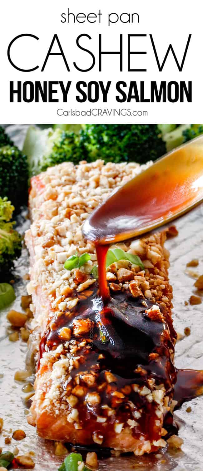 front up close view of spoon honey soy sauce over a fillet of honey soy salmon